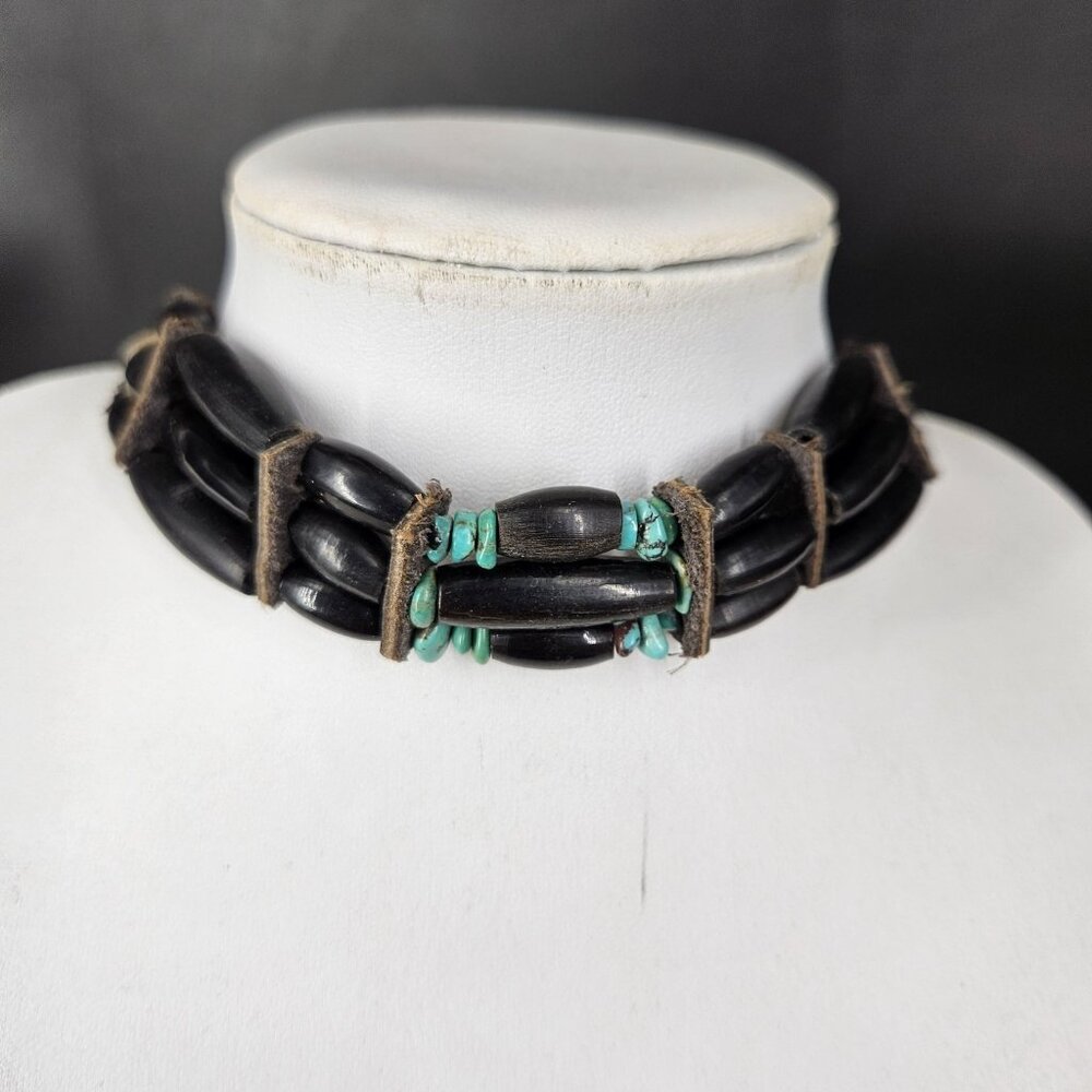 Turquoise Beaded Choker Necklace Womens Black Southwestern Leather Cord Boho - Picture 3 of 11